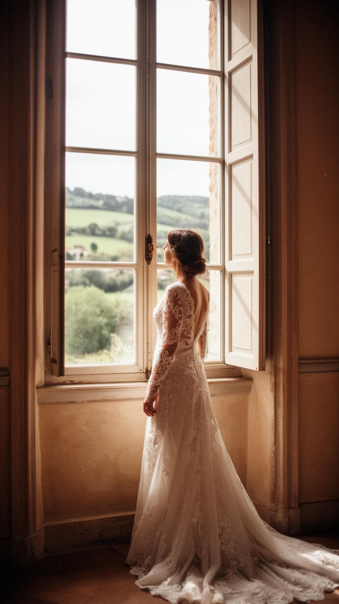 Bride looking out a tall window in the European countryside